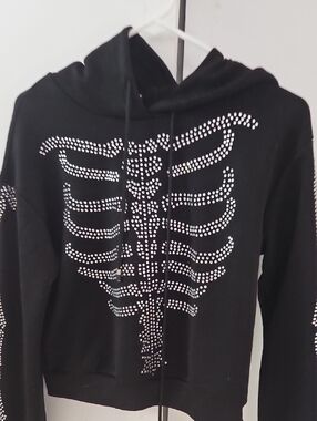 Black Hoodie with Silver Rhinestone Skeleton Design